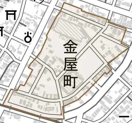 金屋町とその周辺の地図。町の範囲を重ねている