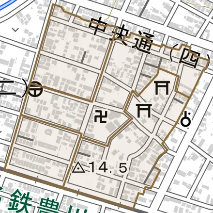金屋本町とその周辺の地図。町の範囲を重ねている