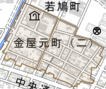 金屋元町とその周辺の地図。町の範囲を重ねている