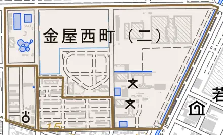 金屋西町とその周辺の地図。町の範囲を重ねている