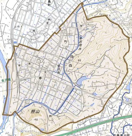 金沢町とその周辺の地図。町の範囲を重ねている