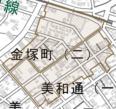 金塚町とその周辺の地図。町の範囲を重ねている