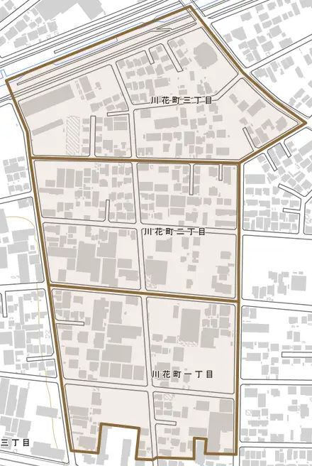 川花町とその周辺の地図。町の範囲を重ねている