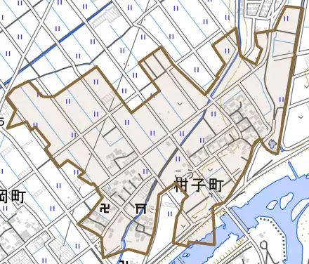 柑子町とその周辺の地図。町の範囲を重ねている