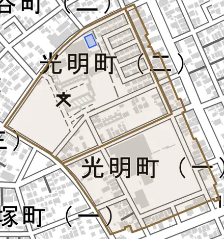 光明町とその周辺の地図。町の範囲を重ねている