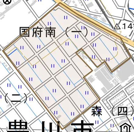 国府南とその周辺の地図。町の範囲を重ねている
