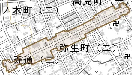 寿通とその周辺の地図。町の範囲を重ねている