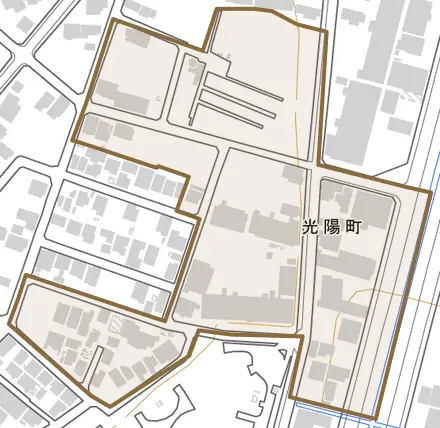 光陽町とその周辺の地図。町の範囲を重ねている