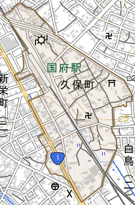 久保町とその周辺の地図。町の範囲を重ねている