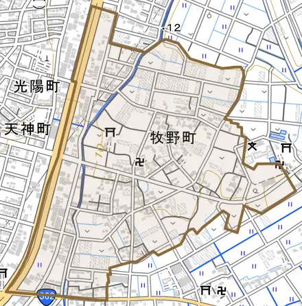 牧野町とその周辺の地図。町の範囲を重ねている