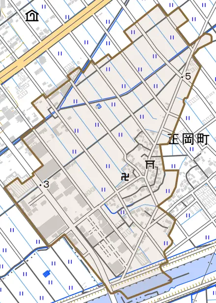 正岡町とその周辺の地図。町の範囲を重ねている