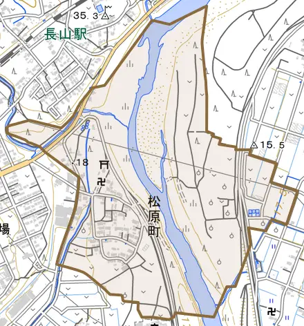 松原町とその周辺の地図。町の範囲を重ねている