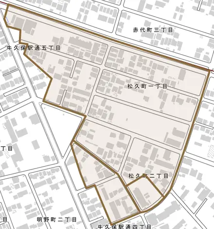 松久町とその周辺の地図。町の範囲を重ねている