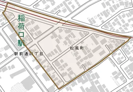 松風町とその周辺の地図。町の範囲を重ねている
