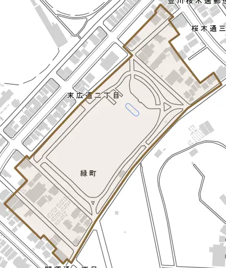 緑町とその周辺の地図。町の範囲を重ねている