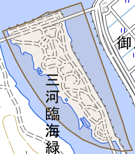 御津町安礼の崎とその周辺の地図。町の範囲を重ねている
