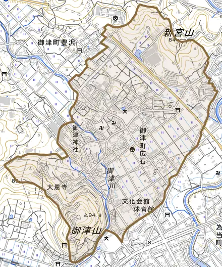 御津町広石とその周辺の地図。町の範囲を重ねている