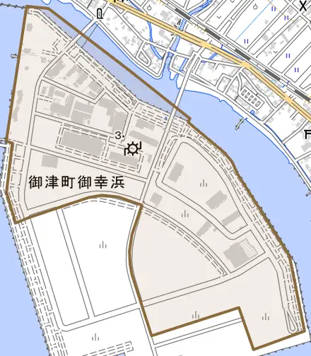 御津町御幸浜とその周辺の地図。町の範囲を重ねている