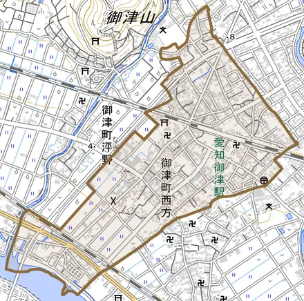 御津町西方とその周辺の地図。町の範囲を重ねている