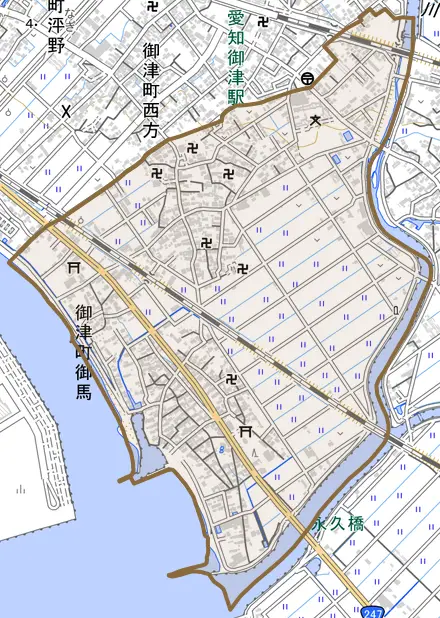 御津町御馬とその周辺の地図。町の範囲を重ねている