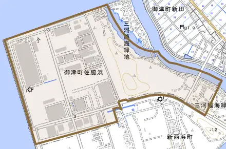 御津町佐脇浜とその周辺の地図。町の範囲を重ねている