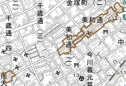 美和通とその周辺の地図。町の範囲を重ねている