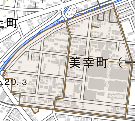 美幸町とその周辺の地図。町の範囲を重ねている