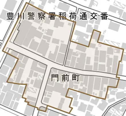 門前町とその周辺の地図。町の範囲を重ねている