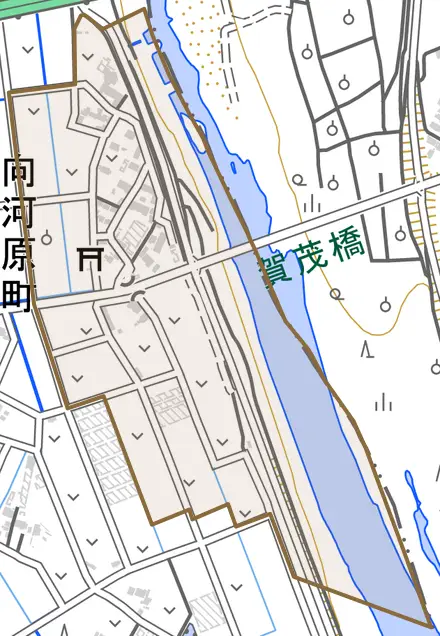 向河原町とその周辺の地図。町の範囲を重ねている