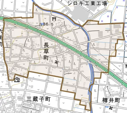 長草町とその周辺の地図。町の範囲を重ねている