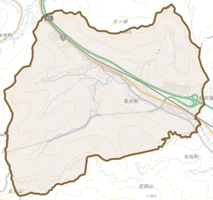 長沢町とその周辺の地図。町の範囲を重ねている