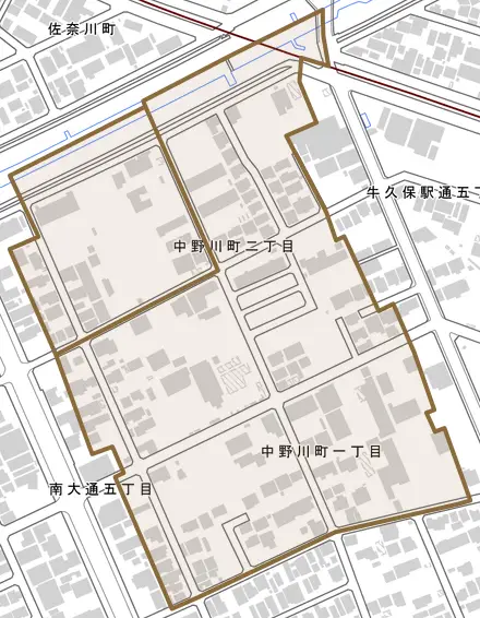 中野川町とその周辺の地図。町の範囲を重ねている