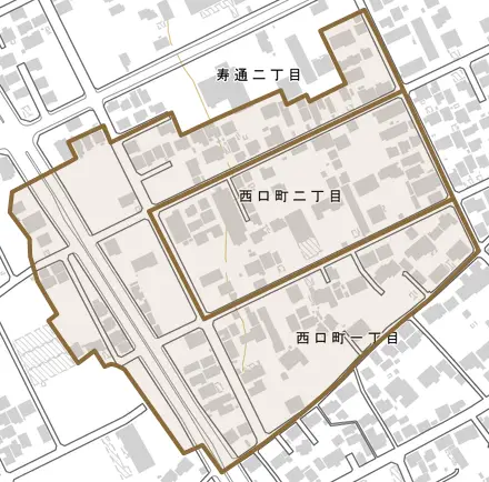 西口町とその周辺の地図。町の範囲を重ねている