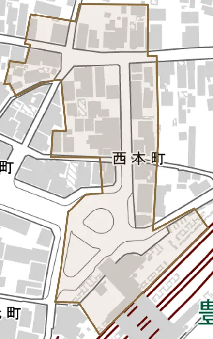 西本町とその周辺の地図。町の範囲を重ねている