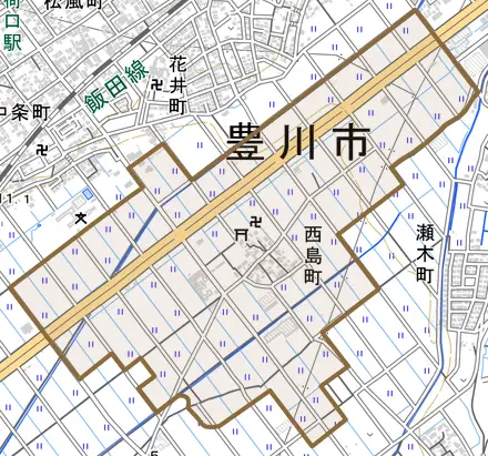 西島町とその周辺の地図。町の範囲を重ねている