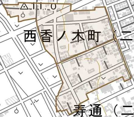 西香ノ木町とその周辺の地図。町の範囲を重ねている