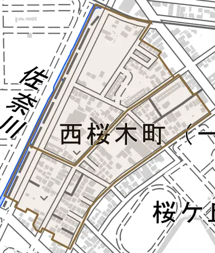 西桜木町とその周辺の地図。町の範囲を重ねている