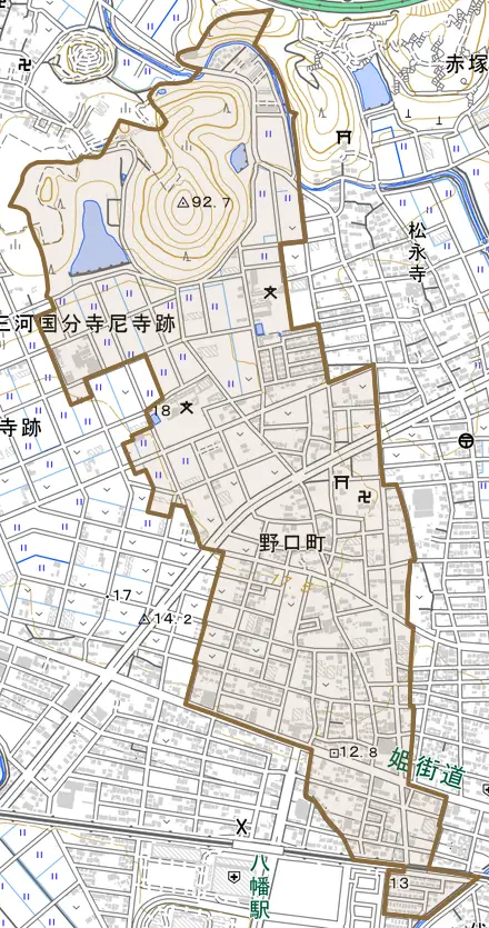 野口町とその周辺の地図。町の範囲を重ねている