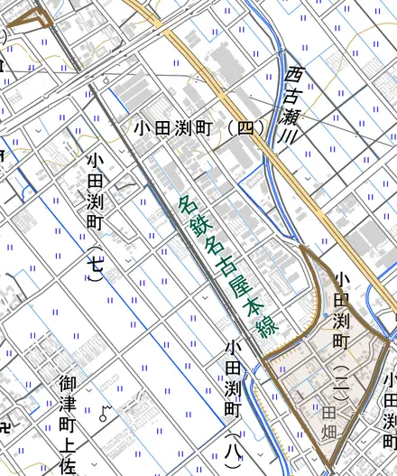 小田渕町とその周辺の地図。町の範囲を重ねている