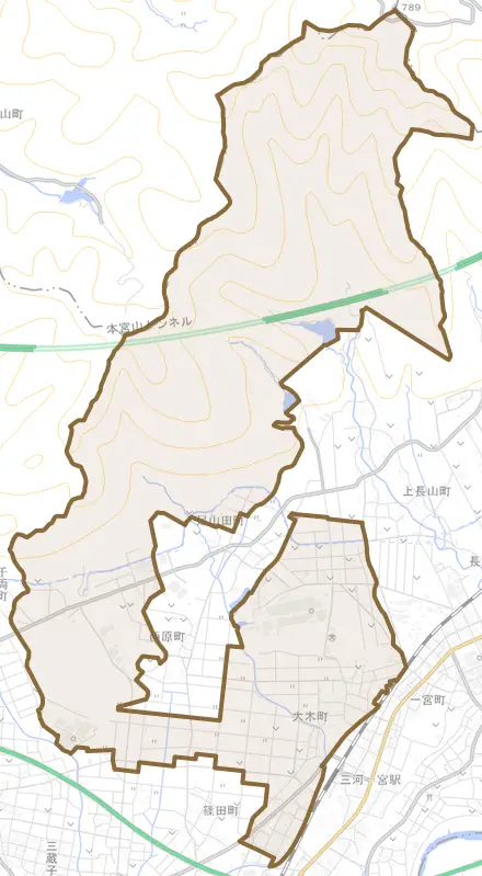 大木町とその周辺の地図。町の範囲を重ねている