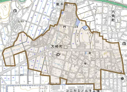 大崎町とその周辺の地図。町の範囲を重ねている