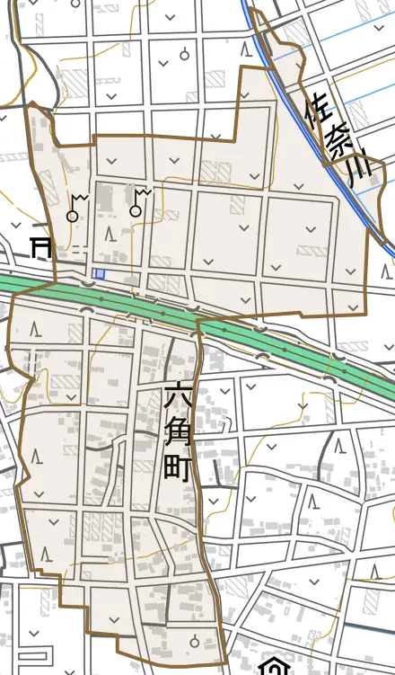 六角町とその周辺の地図。町の範囲を重ねている