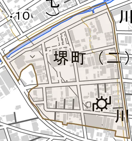 堺町とその周辺の地図。町の範囲を重ねている