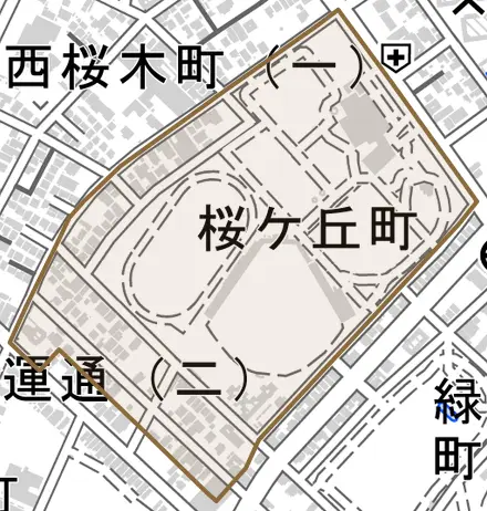 桜ケ丘町とその周辺の地図。町の範囲を重ねている