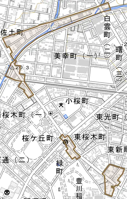 桜木通とその周辺の地図。町の範囲を重ねている