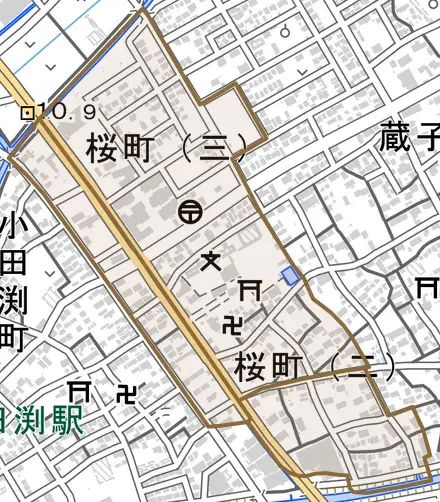 桜町とその周辺の地図。町の範囲を重ねている