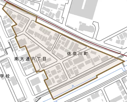 佐奈川町とその周辺の地図。町の範囲を重ねている