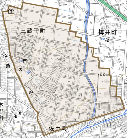 三蔵子町とその周辺の地図。町の範囲を重ねている