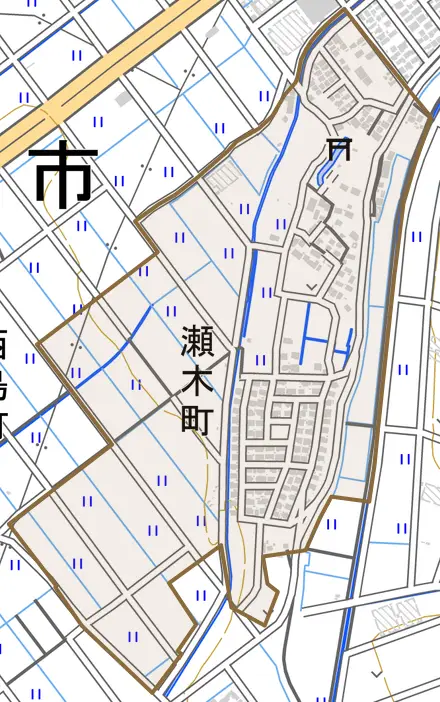 瀬木町とその周辺の地図。町の範囲を重ねている