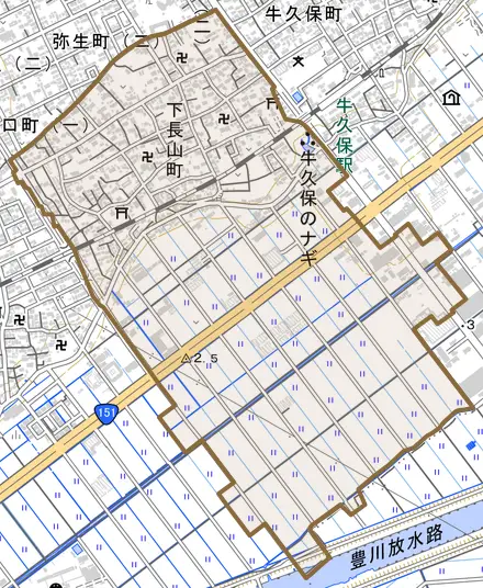 下長山町とその周辺の地図。町の範囲を重ねている